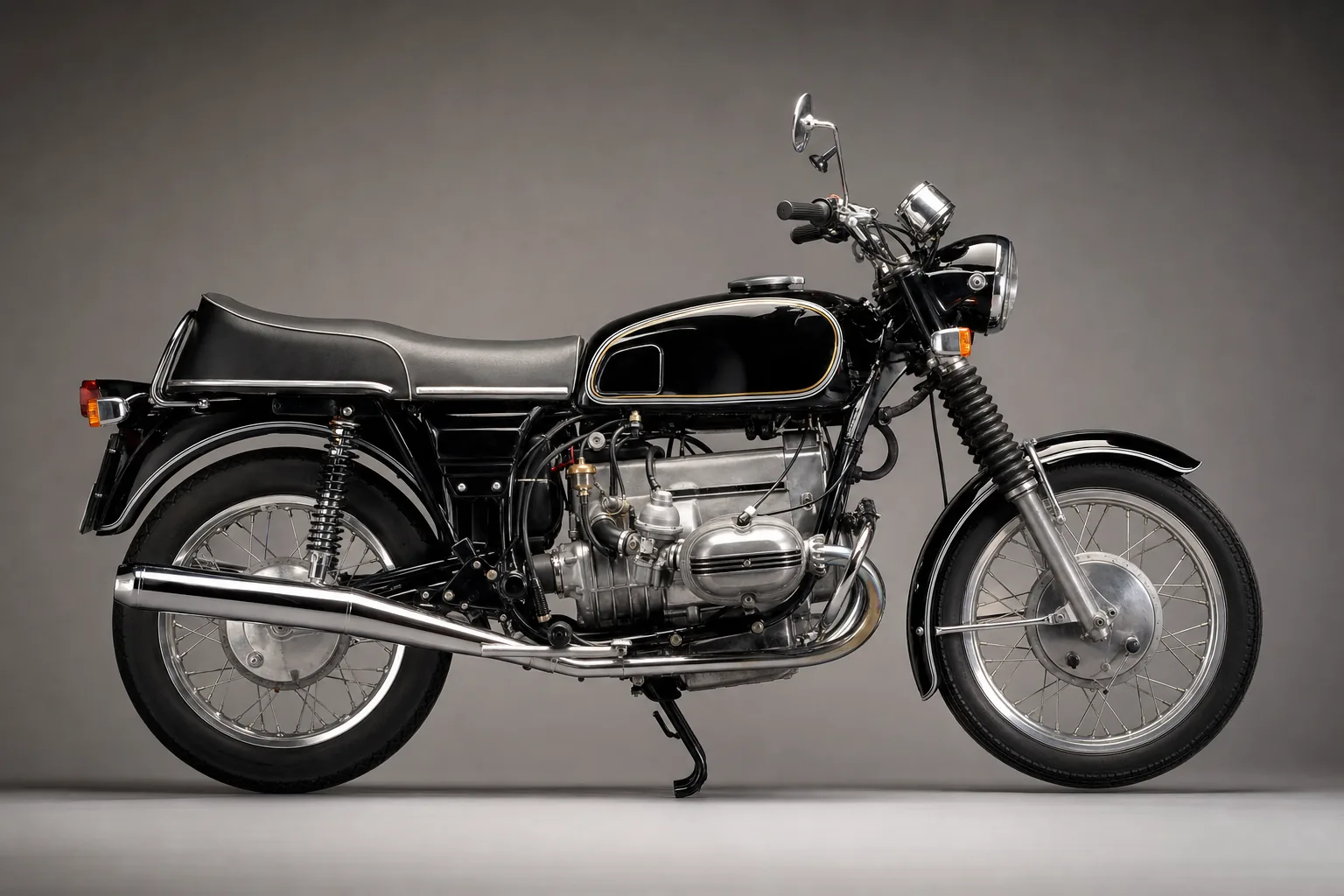 A fully restored vintage BMW airhead boxer twin motorcycle in a studio