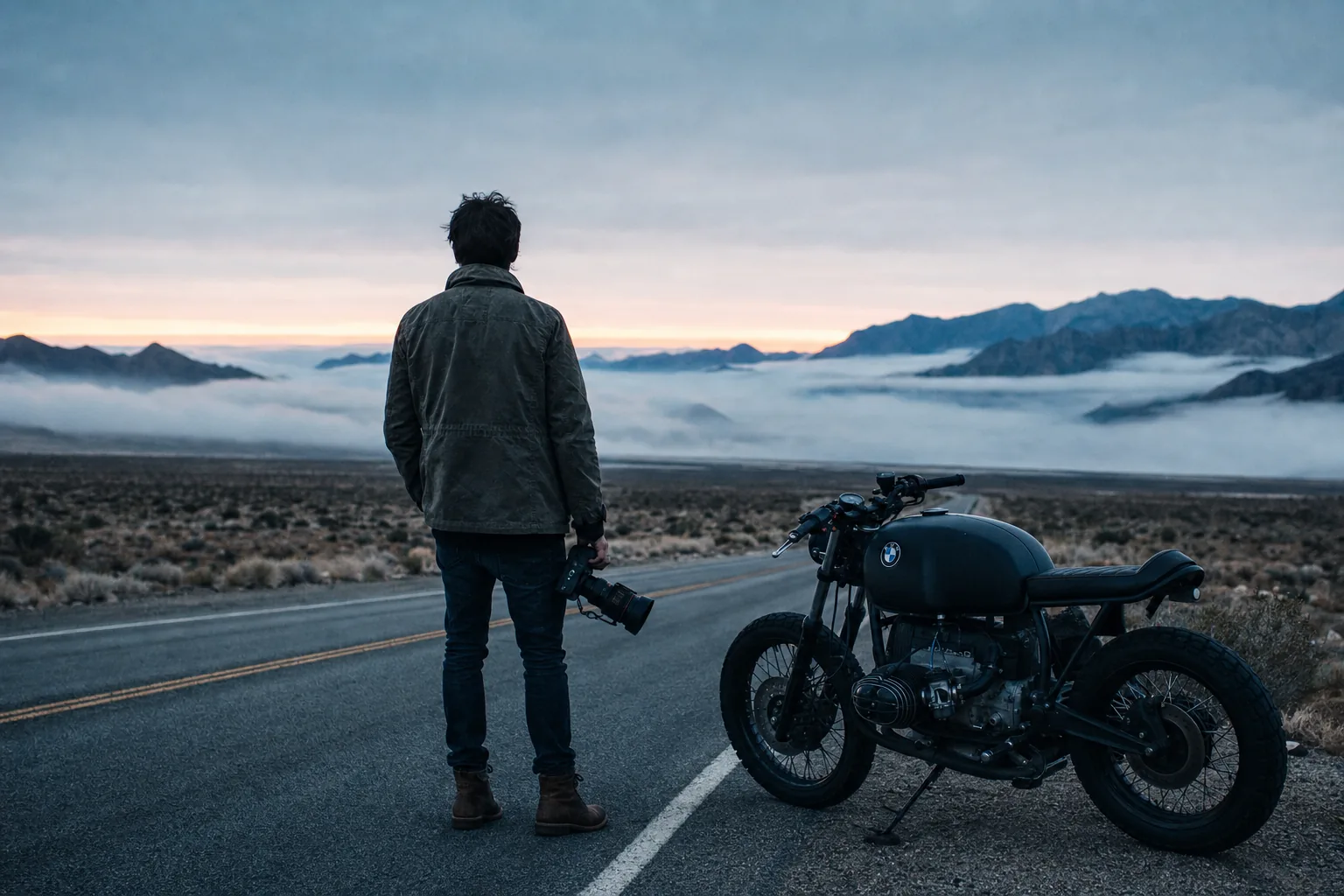 A photographer standing on an empty desert road at dawn beside a BMW motorcycle