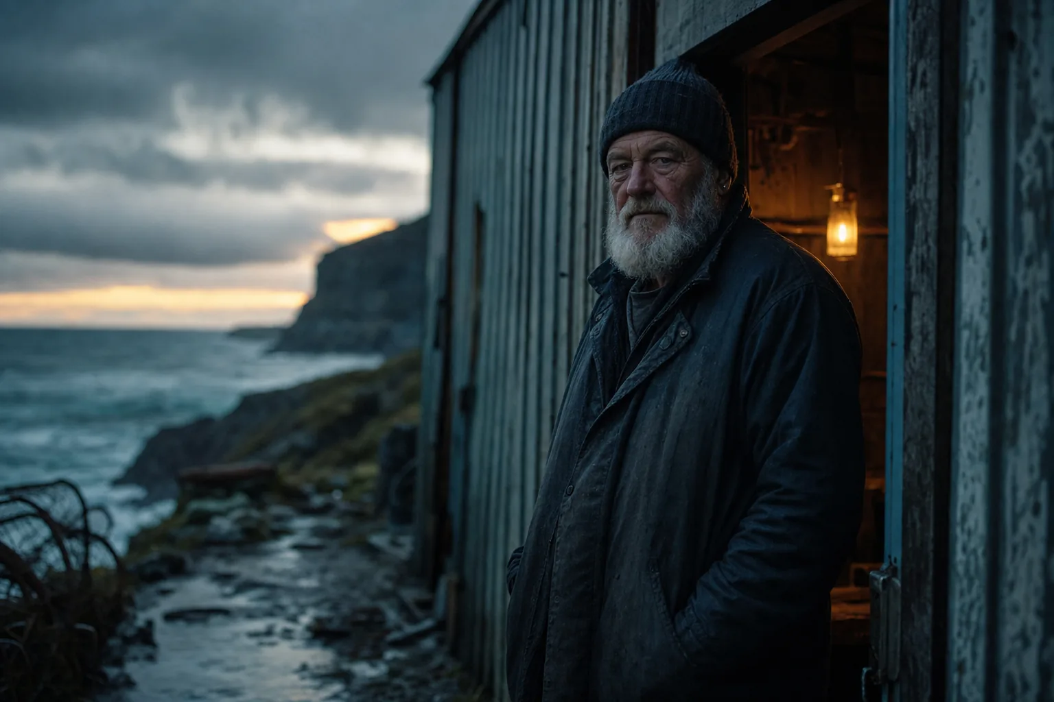 A weathered fisherman standing in the doorway of a coastal shed at dawn