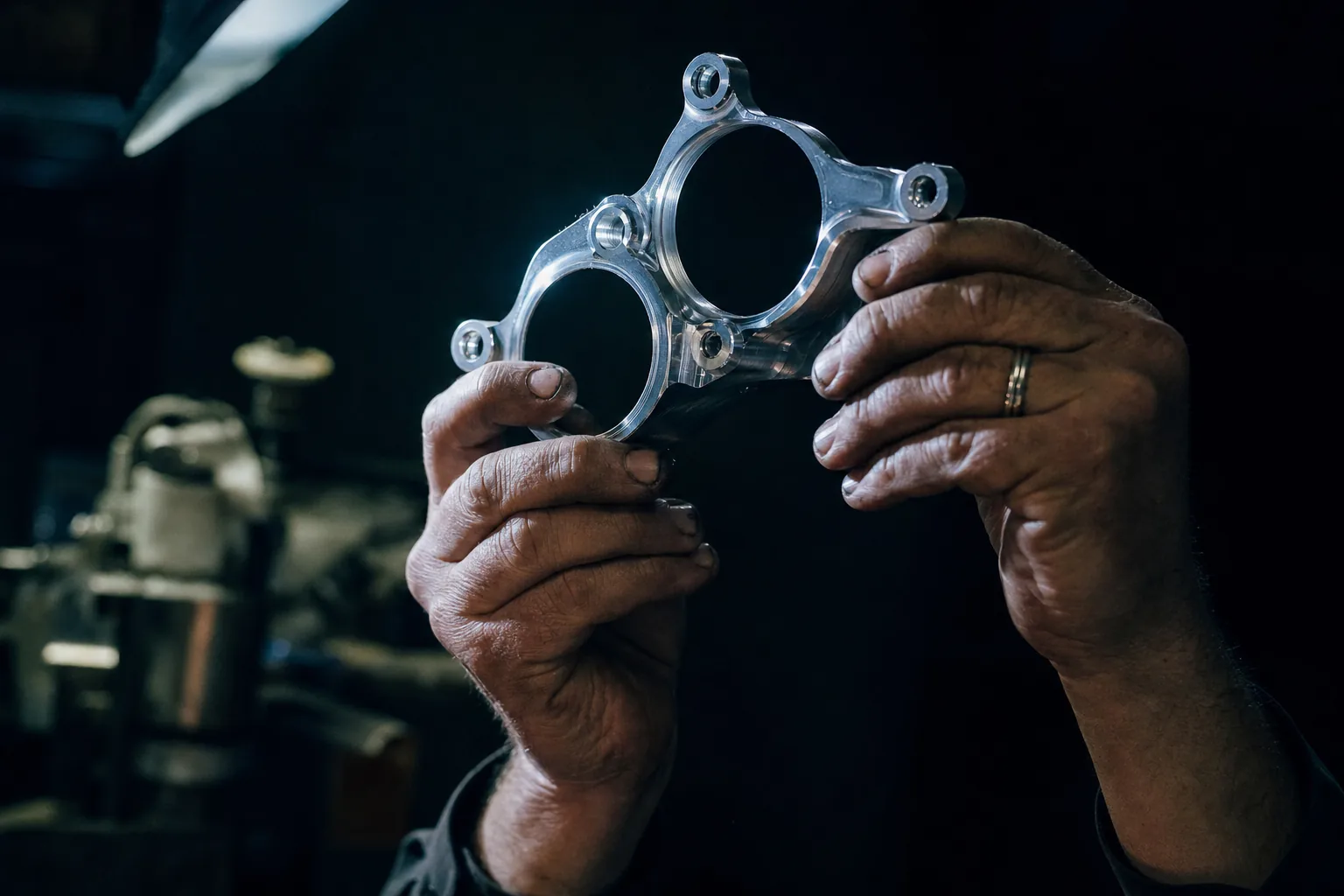 A craftsman's hands holding a machined aluminium motorcycle bracket up to the light