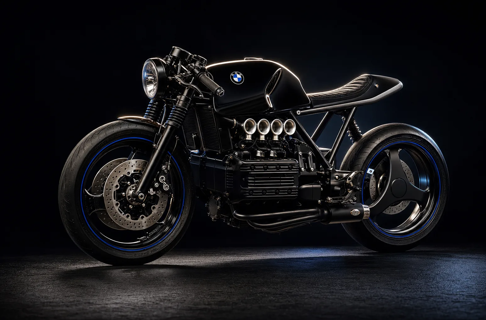 A blacked out custom BMW K1100 cafe racer lit in a dark studio