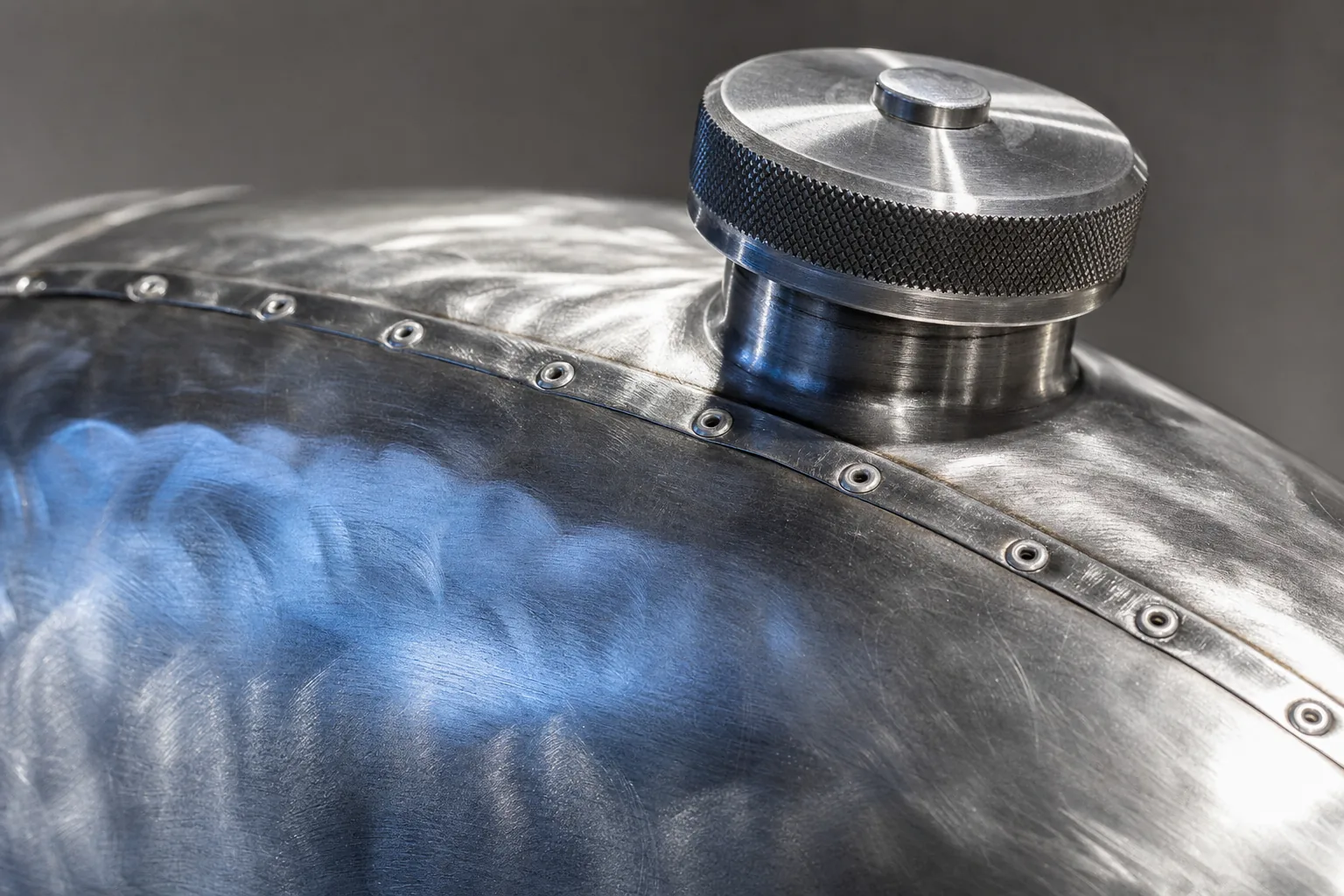 Tank shoulder. Wheel marks and hand set flush rivets, left visible