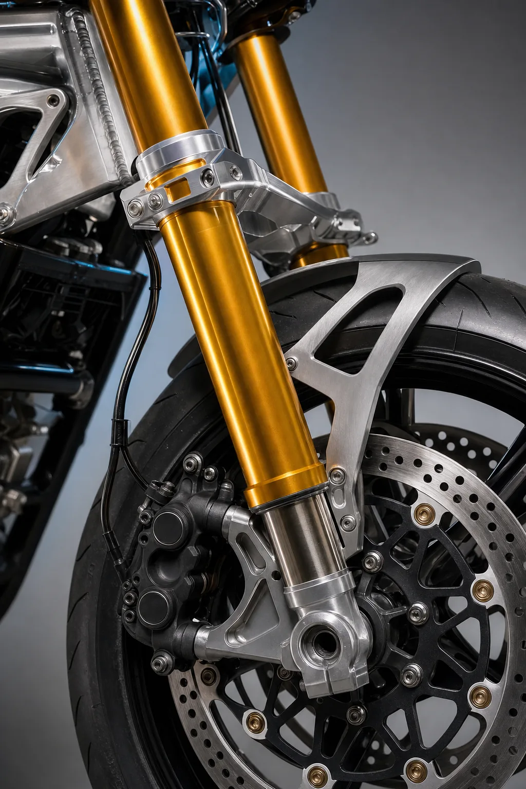 Front end. Gold anodised legs against machined billet