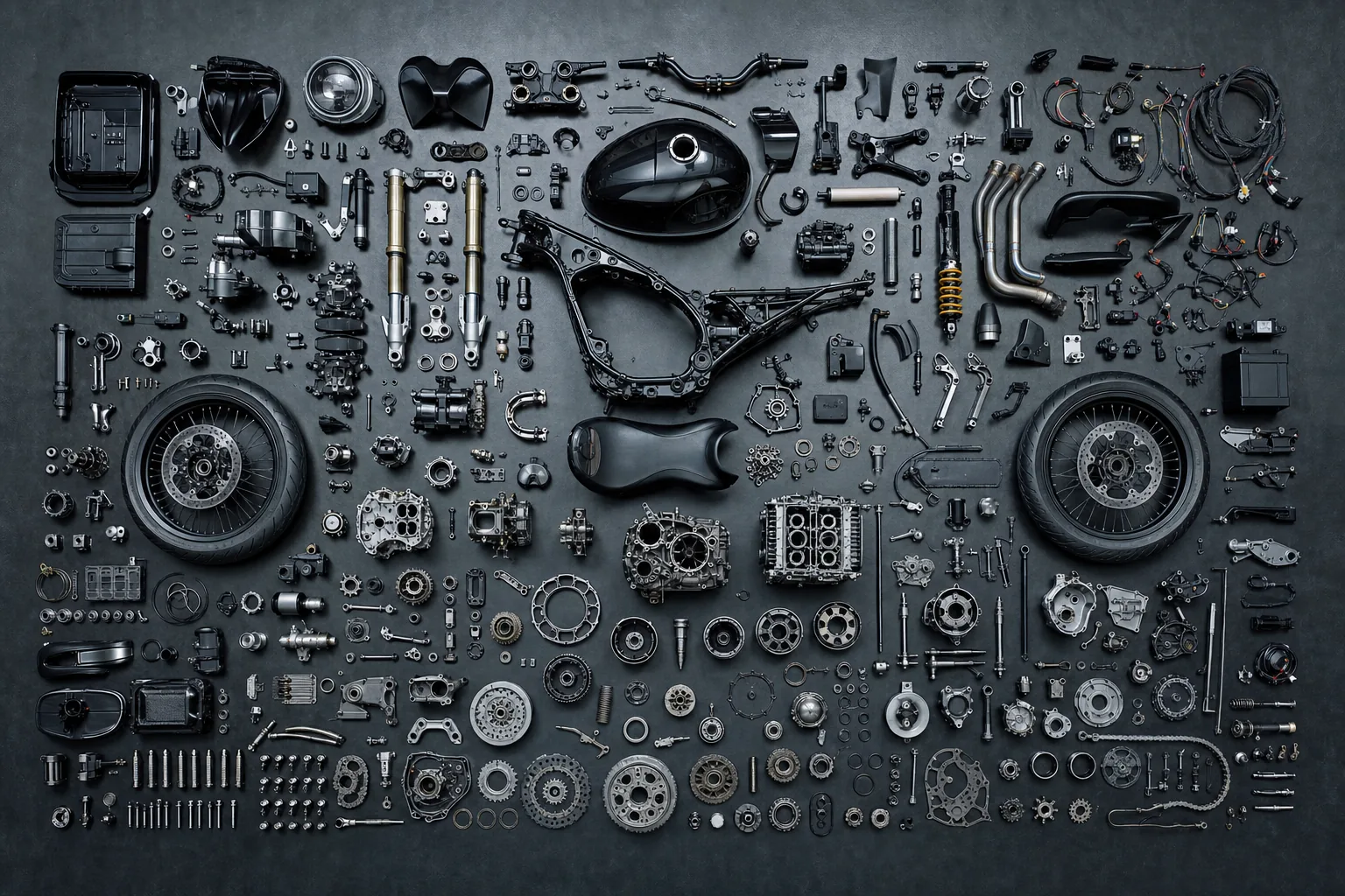 Every component of a disassembled motorcycle laid out in rows on a workbench