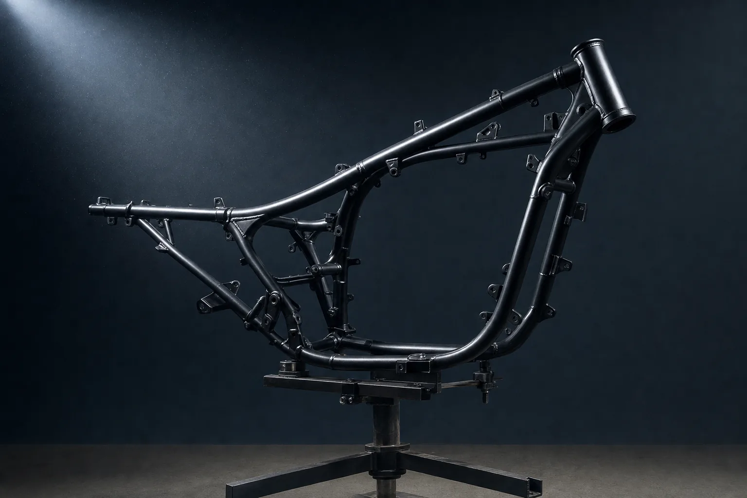 A bare powder coated motorcycle frame on a rotating fabrication stand
