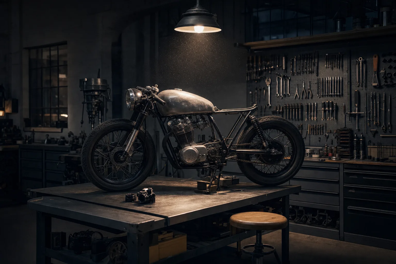 A dark fabrication workshop lit by one hanging lamp with a motorcycle on the bench