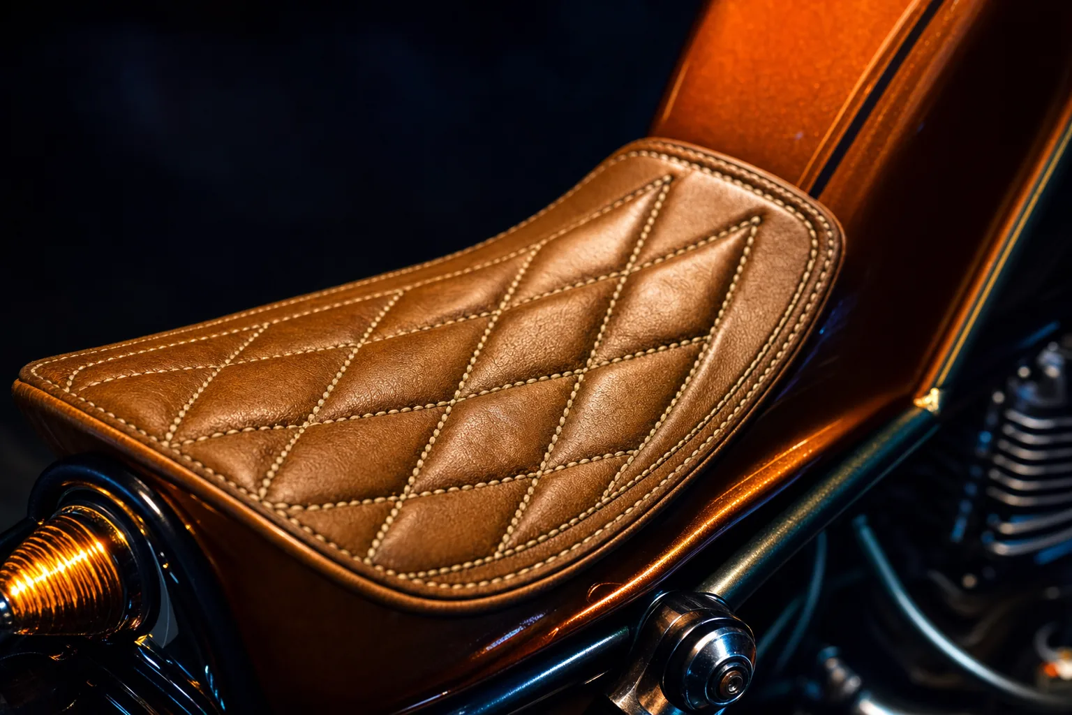 Single skin tan hide, hand diamond stitched, waxed edge