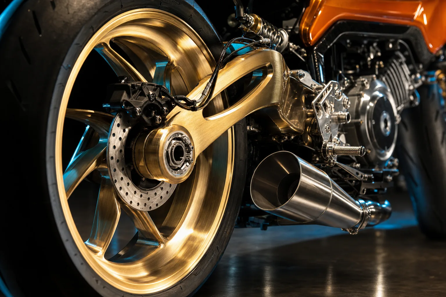 Brushed gold rear wheel and polished stainless outlet